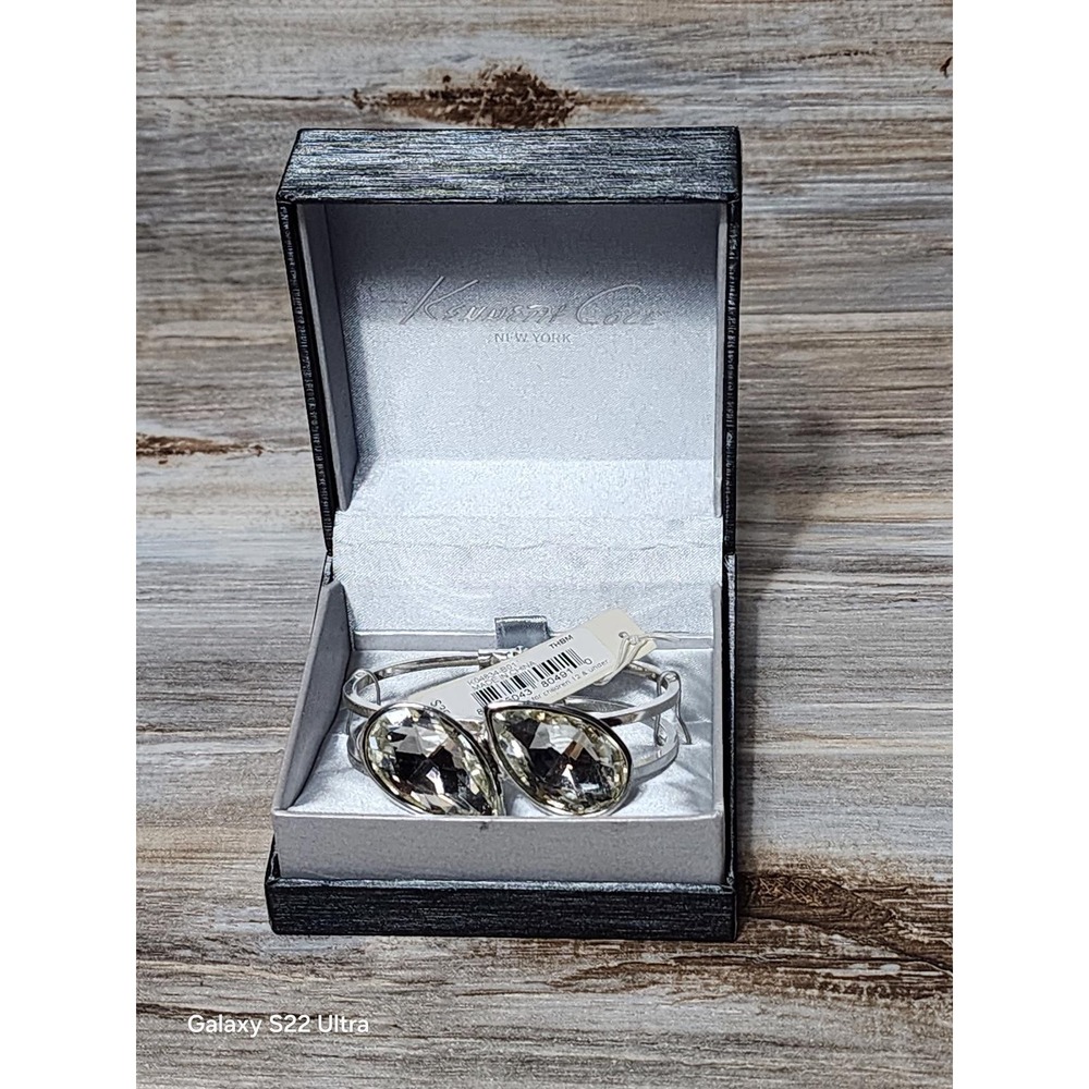 Kenneth Cole New York Silver Tone Double Teardrop Crystal Hinged Bangle Bracelet
